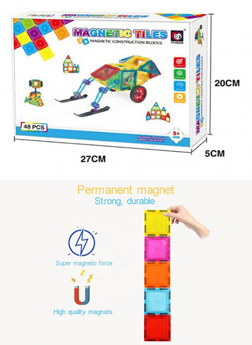 Set de Constructie Giftry, Magnetic Tiles 3D, jucarii educationale STEM, Cadou baieti si fete, 48 Piese, Multicolor, 3 ani + [7]