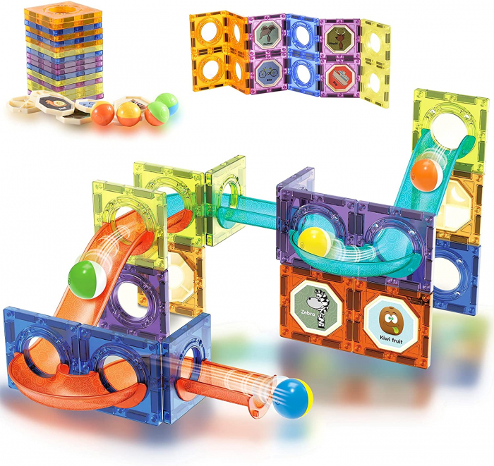 Set de Constructie Giftry, Magnetic Tiles 3D, luminoase jucarii STEM, baieti si fete, 49 Piese, 3 ani + [10]