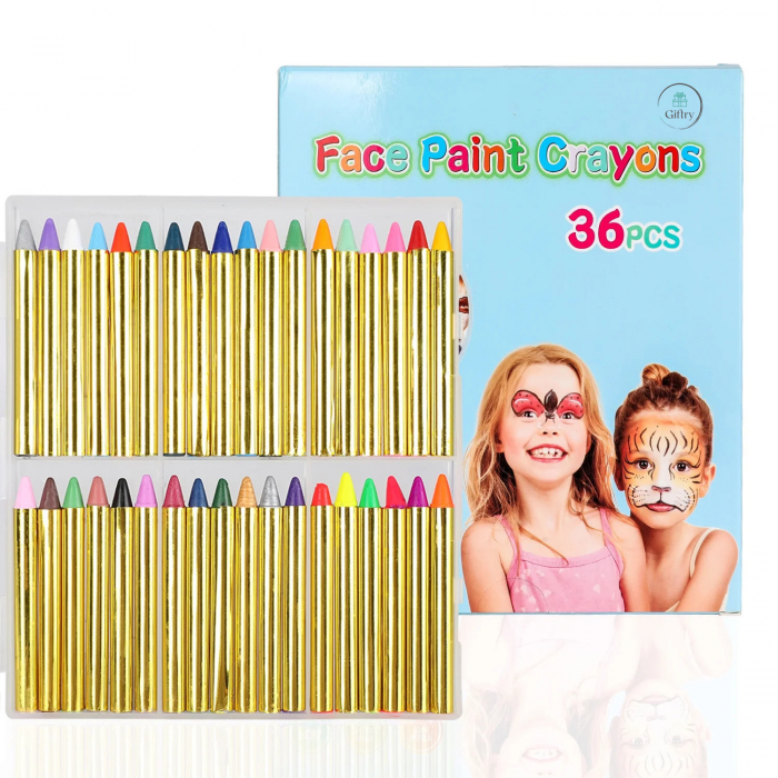 Set de creioane Giftry®, 36 de culori, pictura pe fata si corp, copii si adulti, lavabile, vopsea profesionala non-toxica, ideale pentru petreceri, aniversari, cadouri de Craciun, Halloween, 3 ani + [1]