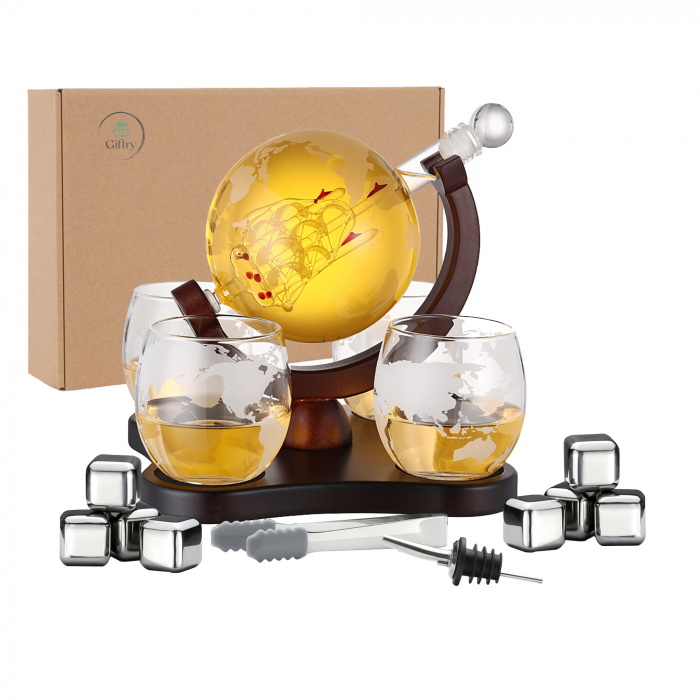 Set decantor whisky Giftry®, design Glob Pamantesc si barca, 850 ml, 4 pahare cu imprimeu, 8 cuburi din inox, accesorii incluse (palnie, cleste, support lemn, picurator) [8]