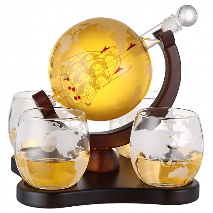 Set decantor whisky Giftry®, design Glob Pamantesc si barca, 850 ml, 4 pahare cu imprimeu, 8 cuburi din inox, accesorii incluse (palnie, cleste, support lemn, picurator) [3]