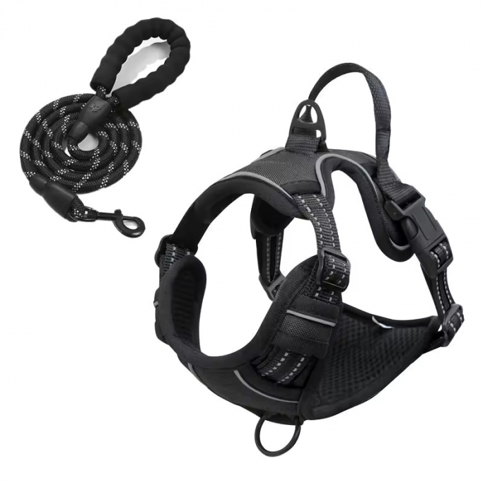 Set Ham si Lesa pentru Caini, Giftry®, vesta captusita, Maner Moale si confortabil, Design reflectorizant,  lungime 1.5 M, Prindere Metalica, Rezistenta, marime M, Negru [2]