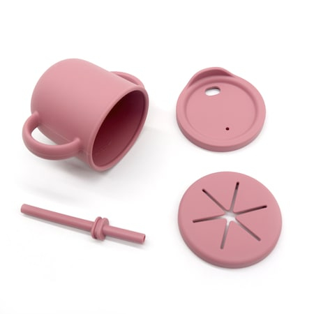 Set hranire din silicon pentru bebelusi, Giftry®, baveta, bol cu ventuza, farfurie, lingura si furculita, cana, fara alergeni, dark pink [5]