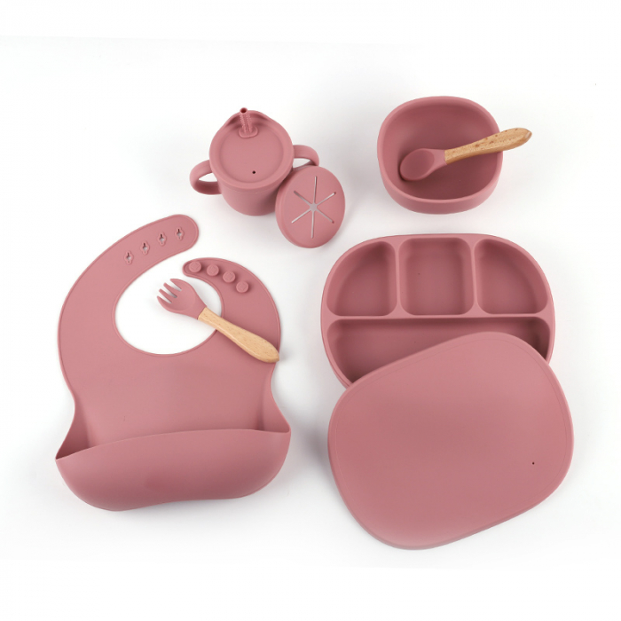 Set hranire din silicon pentru bebelusi, Giftry®, baveta, bol cu ventuza, farfurie, lingura si furculita, cana, fara alergeni, dark pink [2]