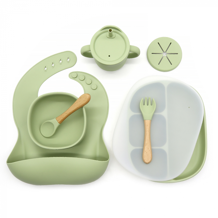 Set hranire din silicon pentru bebelusi, Giftry®, baveta, bol cu ventuza, farfurie, lingura si furculita, cana, fara alergeni, olive [4]