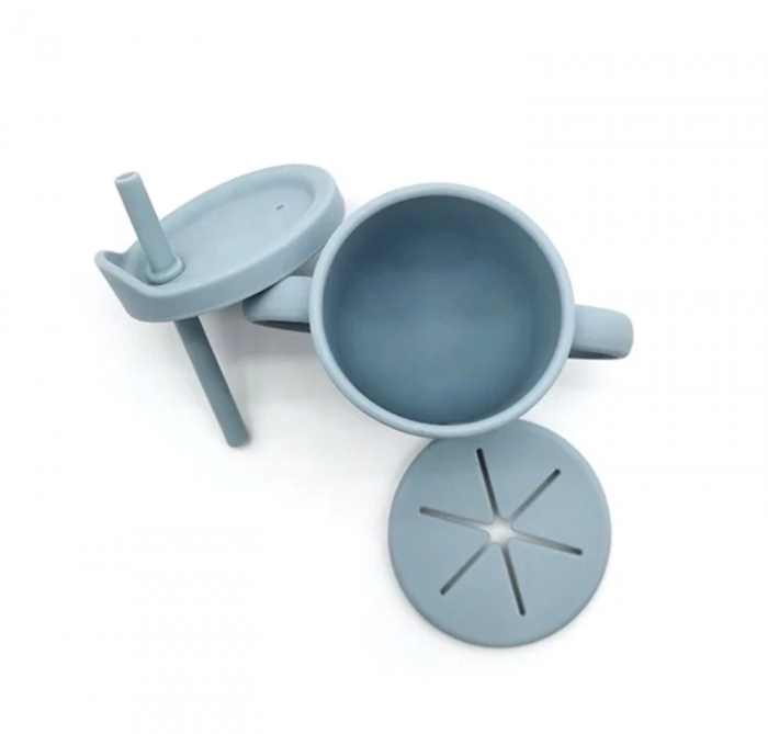 Set hranire din silicon pentru bebelusi, Giftry®, baveta, bol cu ventuza, farfurie, lingura si furculita, cana, fara alergeni, dusty blue [2]