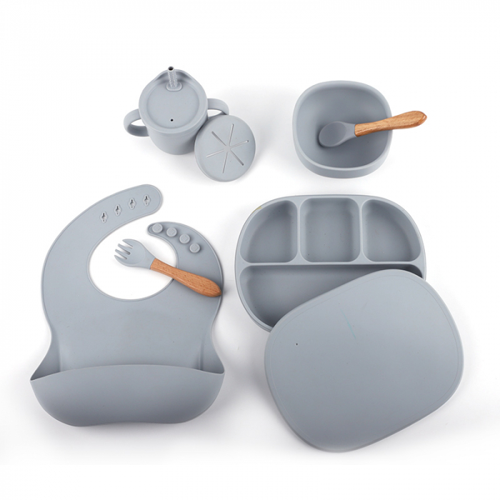 Set hranire din silicon pentru bebelusi, Giftry®, baveta, bol cu ventuza, farfurie, lingura si furculita, cana, fara alergeni, dusty blue [4]