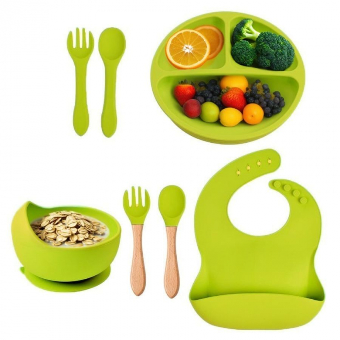 Set hranire din silicon pentru bebelusi, Giftry®, baveta, bol, farfurie , 2 seturi lingura si furculita, light green [1]