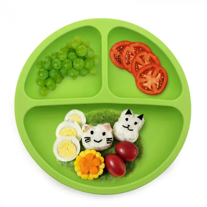 Set hranire din silicon pentru bebelusi, Giftry®, baveta, bol, farfurie , 2 seturi lingura si furculita, light green [5]