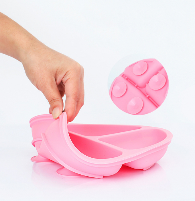 Set hranire din silicon pentru bebelusi, Giftry®, baveta, bol, farfurie, 2 seturi lingura si furculita, light pink [4]