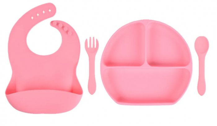 Set hranire din silicon pentru bebelusi, Giftry®, baveta, bol, farfurie, 2 seturi lingura si furculita, light pink [5]