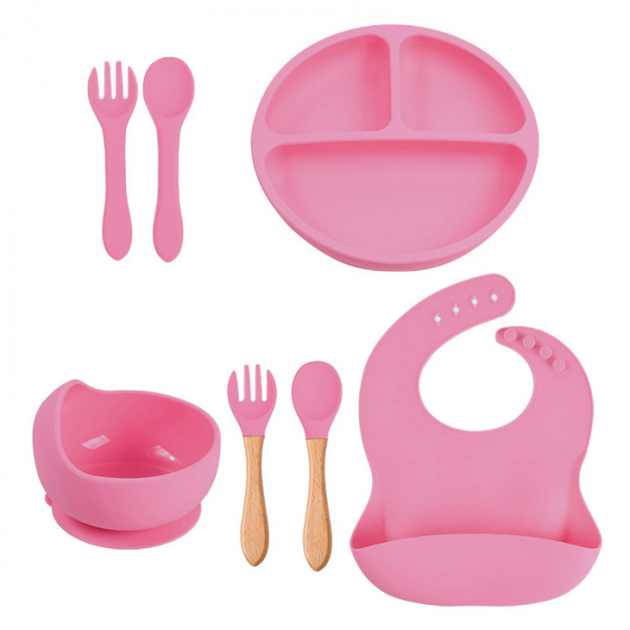 Set hranire din silicon pentru bebelusi, Giftry®, baveta, bol, farfurie, 2 seturi lingura si furculita, light pink [1]
