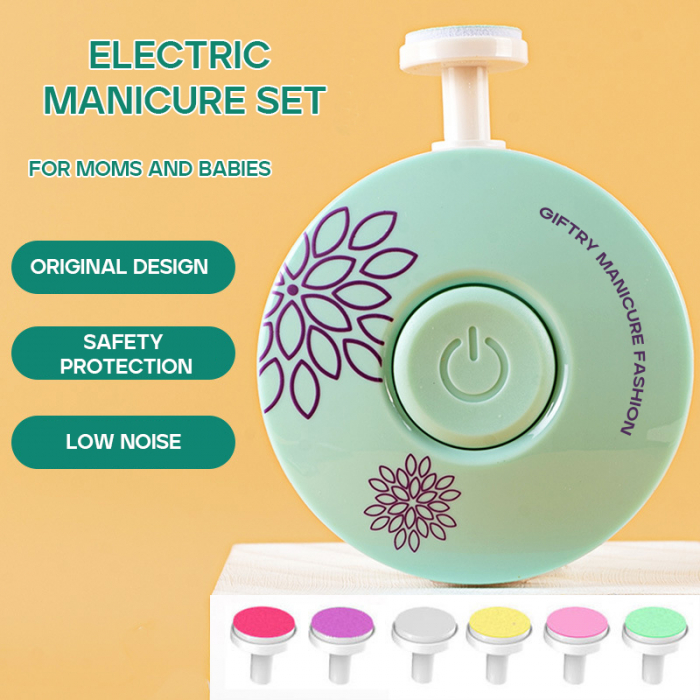 Set ingrijire unghii nou-nascuti si copii, Giftry®, pila electrica profesionala, 6 capete colorate, baterie inclusa, verde [2]