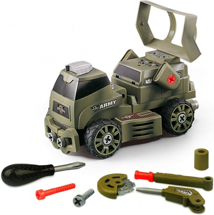 Set interactiv 10 in 1, Giftry®, jucarie educativa STEM, inginerie masini militare, bormasina electrica, lumini si sunete, 75 piese, baieti si fete, 3-7 ani, verde [6]