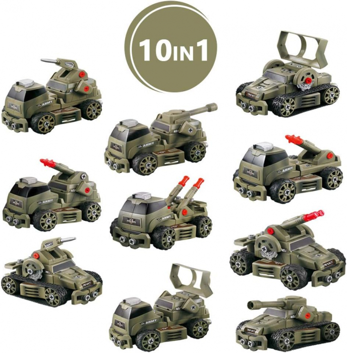 Set interactiv 10 in 1, Giftry®, jucarie educativa STEM, inginerie masini militare, bormasina electrica, lumini si sunete, 75 piese, baieti si fete, 3-7 ani, verde [5]