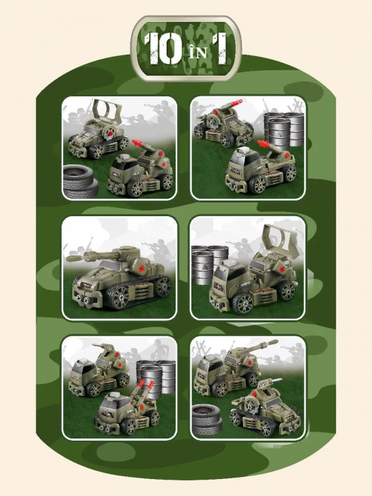 Set interactiv 10 in 1, Giftry®, jucarie educativa STEM, inginerie masini militare, bormasina electrica, lumini si sunete, 75 piese, baieti si fete, 3-7 ani, verde [3]