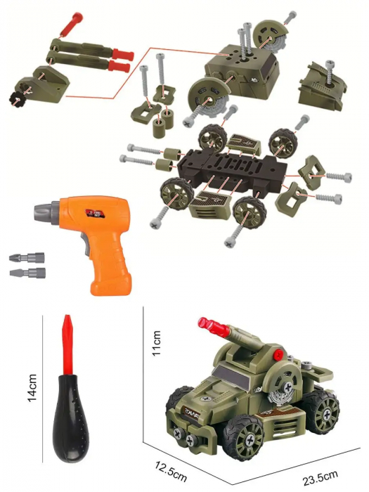 Set interactiv 10 in 1, Giftry®, jucarie educativa STEM, inginerie masini militare, bormasina electrica, lumini si sunete, 75 piese, baieti si fete, 3-7 ani, verde [4]
