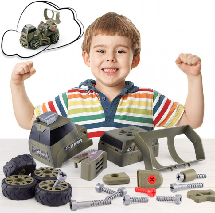 Set interactiv 10 in 1, Giftry®, jucarie educativa STEM, inginerie masini militare, bormasina electrica, lumini si sunete, 75 piese, baieti si fete, 3-7 ani, verde [2]