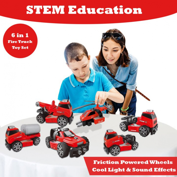 Set interactiv 6 in 1, Giftry®, jucarie educativa STEM, inginerie masini pompieri, bormasina electrica, lumini si sunete, 58 piese, baieti si fete, 3-7 ani, rosu [6]