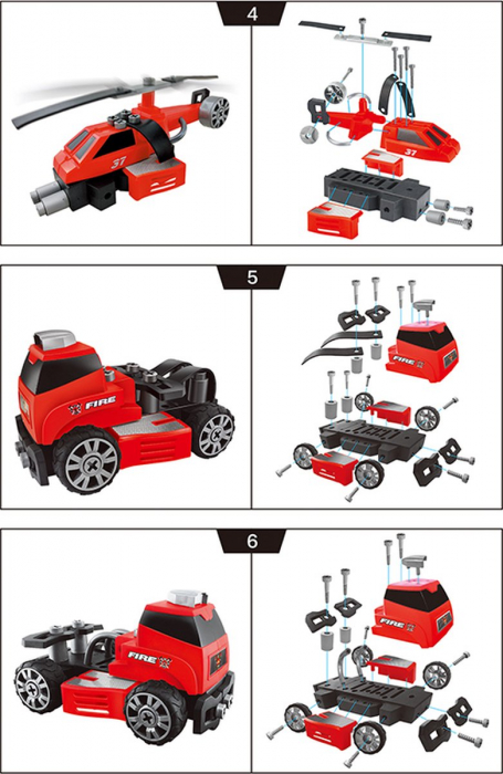Set interactiv 6 in 1, Giftry®, jucarie educativa STEM, inginerie masini pompieri, bormasina electrica, lumini si sunete, 58 piese, baieti si fete, 3-7 ani, rosu [4]