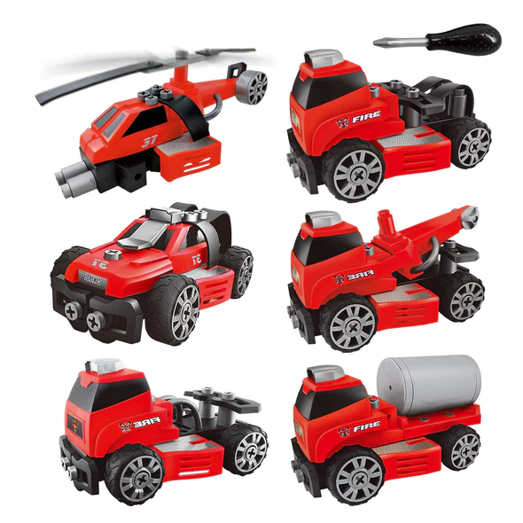 Set interactiv 6 in 1, Giftry®, jucarie educativa STEM, inginerie masini pompieri, bormasina electrica, lumini si sunete, 58 piese, baieti si fete, 3-7 ani, rosu [1]