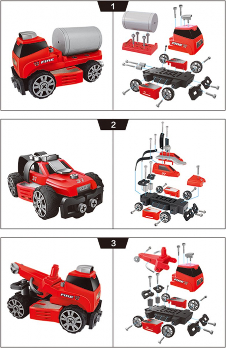 Set interactiv 6 in 1, Giftry®, jucarie educativa STEM, inginerie masini pompieri, bormasina electrica, lumini si sunete, 58 piese, baieti si fete, 3-7 ani, rosu [3]