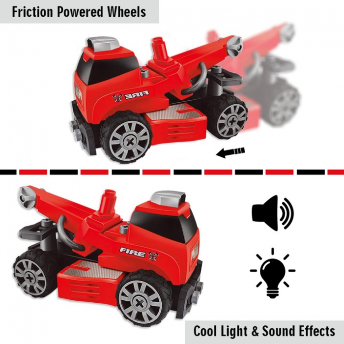 Set interactiv 6 in 1, Giftry®, jucarie educativa STEM, inginerie masini pompieri, bormasina electrica, lumini si sunete, 58 piese, baieti si fete, 3-7 ani, rosu [2]