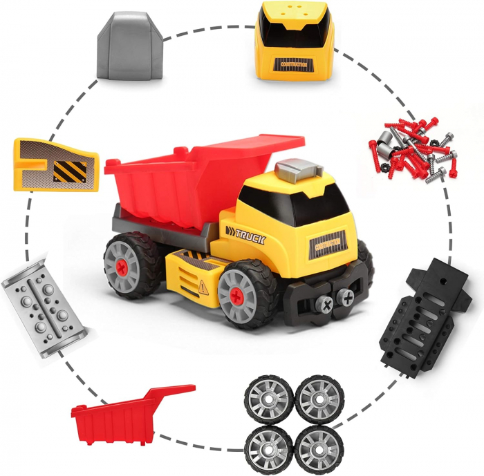 Set interactiv 7 in 1, Giftry®, jucarie educativa STEM, inginerie masini, bormasina electrica, lumini si sunete, 3-7 ani, galben [6]