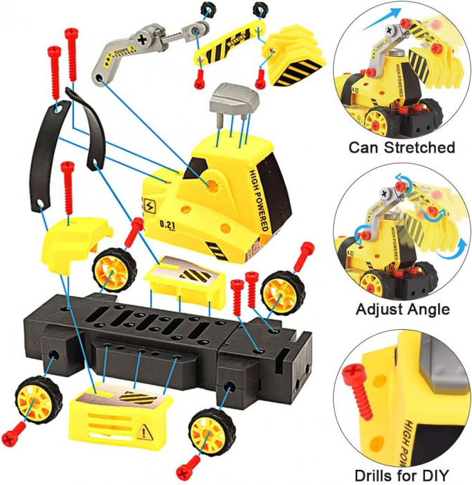Set interactiv 7 in 1, Giftry®, jucarie educativa STEM, inginerie masini, bormasina electrica, lumini si sunete, 3-7 ani, galben [5]