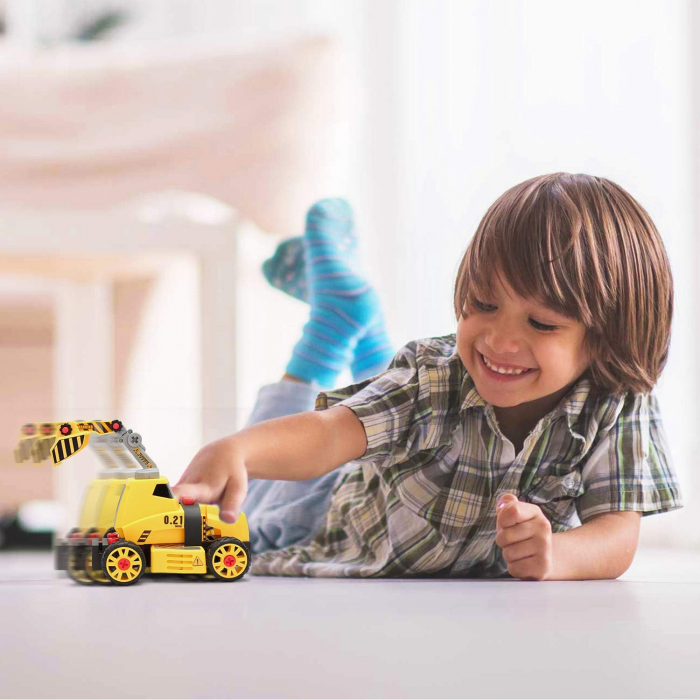 Set interactiv 7 in 1, Giftry®, jucarie educativa STEM, inginerie masini, bormasina electrica, lumini si sunete, 3-7 ani, galben [4]