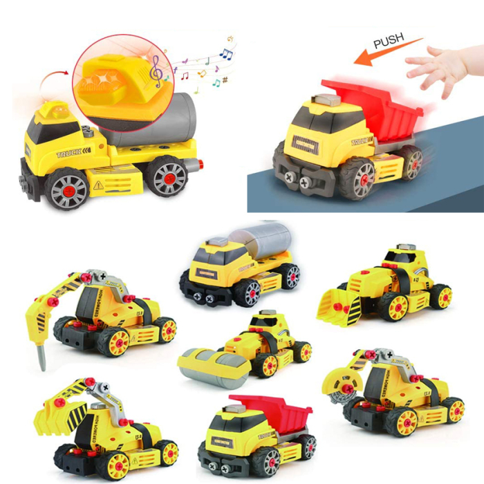 Set interactiv 7 in 1, Giftry®, jucarie educativa STEM, inginerie masini, bormasina electrica, lumini si sunete, 4-8 ani, galben [8]