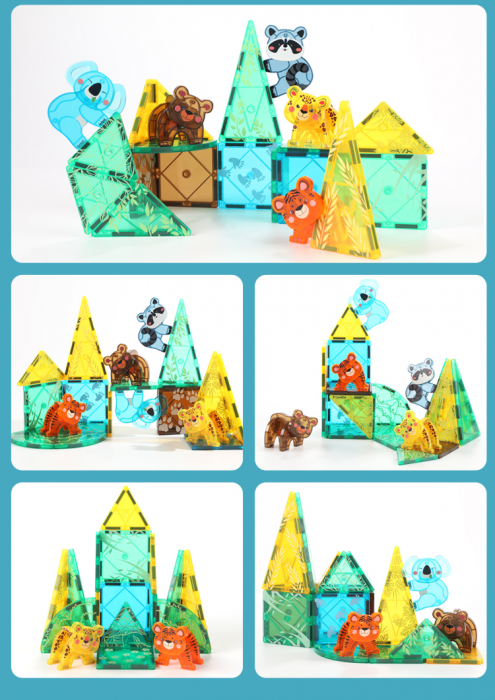 Set Interactiv Magnetic Tiles, animale din jungla, 3D Giftry®, jucarii educationale STEM, 56 Piese, multicolor, 3 ani + [3]