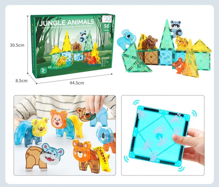 Set Interactiv Magnetic Tiles, animale din jungla, 3D Giftry®, jucarii educationale STEM, 56 Piese, multicolor, 3 ani + [2]