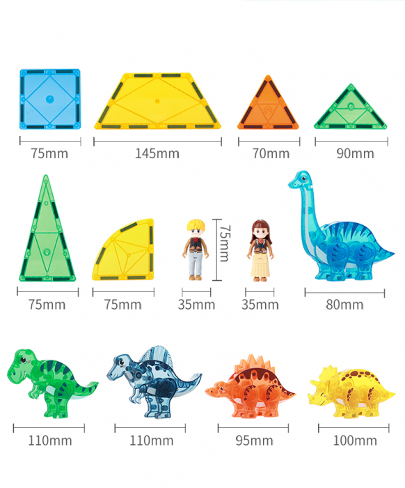 Set Interactiv Magnetic Tiles, Dinozauri 3D Giftry®, jucarii educationale STEM, baieti si fete, 49 Piese, multicolor, 3 ani + [2]