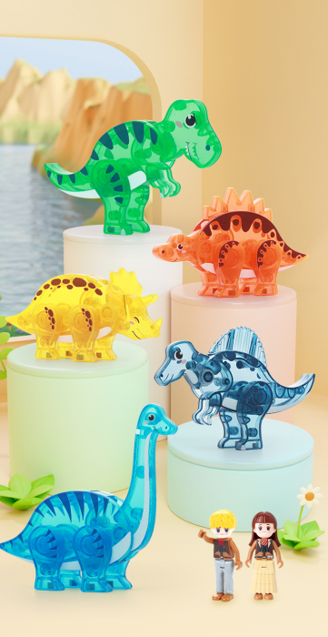 Set Interactiv Magnetic Tiles, Dinozauri 3D Giftry®, jucarii educationale STEM, baieti si fete, 49 Piese, multicolor, 3 ani + [7]