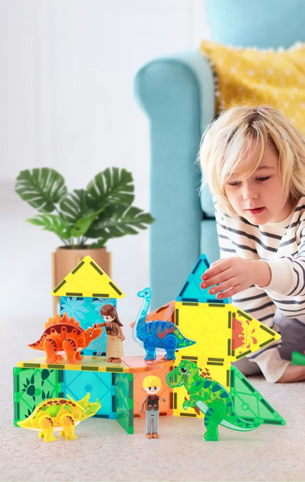 Set Interactiv Magnetic Tiles, Dinozauri 3D Giftry®, jucarii educationale STEM, baieti si fete, 49 Piese, multicolor, 3 ani + [6]