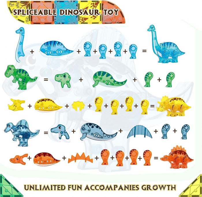 Set Interactiv Magnetic Tiles, Dinozauri 3D Giftry®, jucarii educationale STEM, baieti si fete, 49 Piese, multicolor, 3 ani + [9]