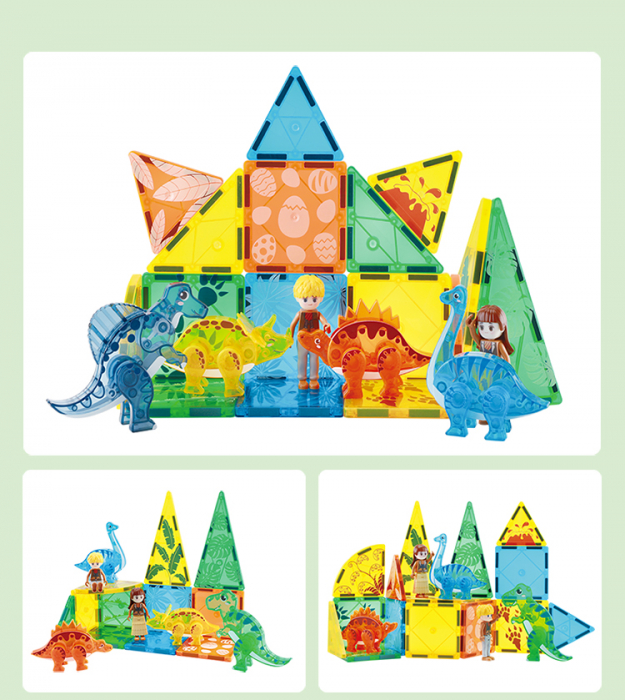 Set Interactiv Magnetic Tiles, Dinozauri 3D Giftry®, jucarii educationale STEM, baieti si fete, 49 Piese, multicolor, 3 ani + [5]