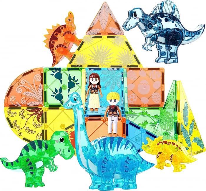 Set Interactiv Magnetic Tiles, Dinozauri 3D Giftry®, jucarii educationale STEM, baieti si fete, 49 Piese, multicolor, 3 ani + [1]
