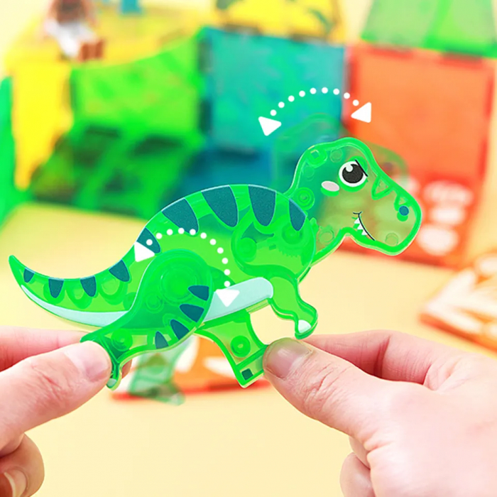 Set Interactiv Magnetic Tiles, Dinozauri 3D Giftry®, jucarii educationale STEM, baieti si fete, 49 Piese, multicolor, 3 ani + [8]