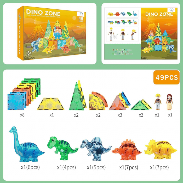 Set Interactiv Magnetic Tiles, Dinozauri 3D Giftry®, jucarii educationale STEM, baieti si fete, 49 Piese, multicolor, 3 ani + [3]