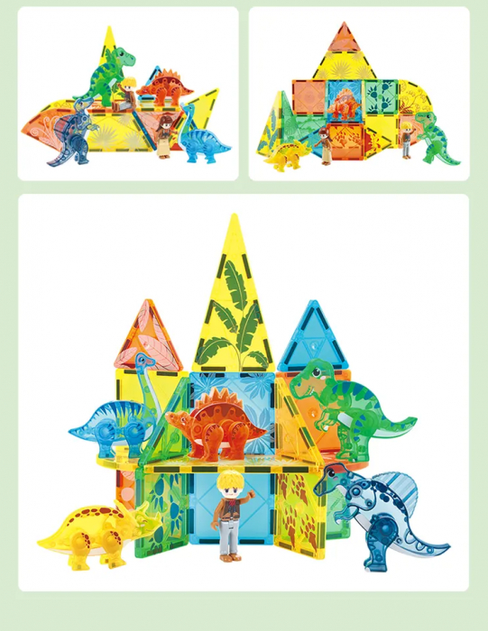 Set Interactiv Magnetic Tiles, Dinozauri 3D Giftry®, jucarii educationale STEM, baieti si fete, 49 Piese, multicolor, 3 ani + [4]