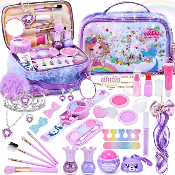 Set Machiaj Lavabil pentru Fetite, Giftry®  – Trusa Cosmetice cu Gentuta Unicorn, Oja, Ruj, Cadoul Perfect 3-12 Ani, Ideal Craciun/Zi de Nastere [1]
