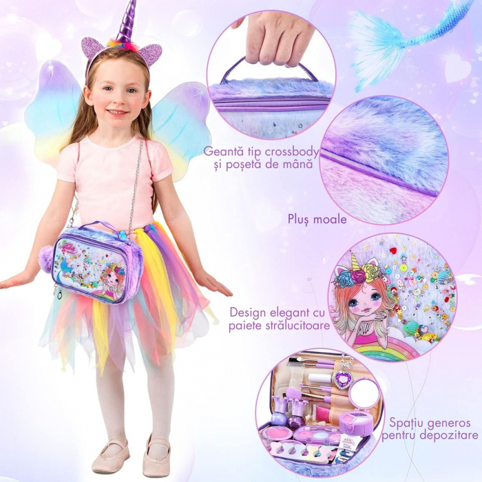 Set Machiaj Lavabil pentru Fetite, Giftry®  – Trusa Cosmetice cu Gentuta Unicorn, Oja, Ruj, Cadoul Perfect 3-12 Ani, Ideal Craciun/Zi de Nastere [2]