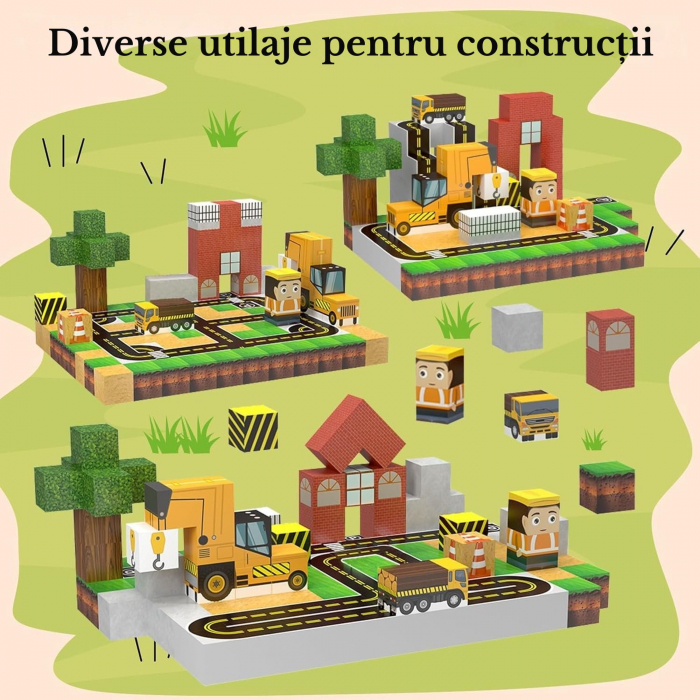 Set Constructie Magnetic 2-in-1 Giftry® Urban Adventure, 138 Piese cu Lumini, Joc STEM Educativ, Vehicule, Sosea si Cale Ferata, 3+ Ani. Galben [2]