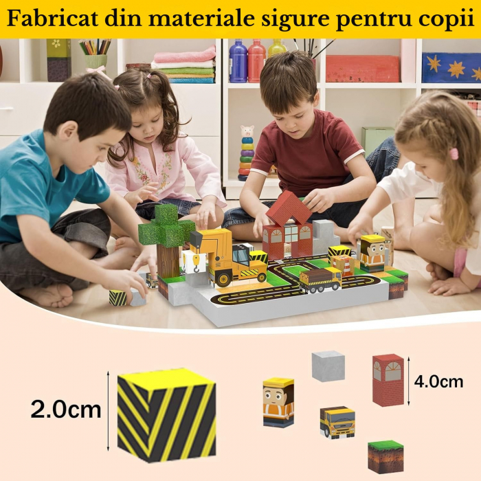 Set Constructie Magnetic 2-in-1 Giftry® Urban Adventure, 138 Piese cu Lumini, Joc STEM Educativ, Vehicule, Sosea si Cale Ferata, 3+ Ani. Galben [4]