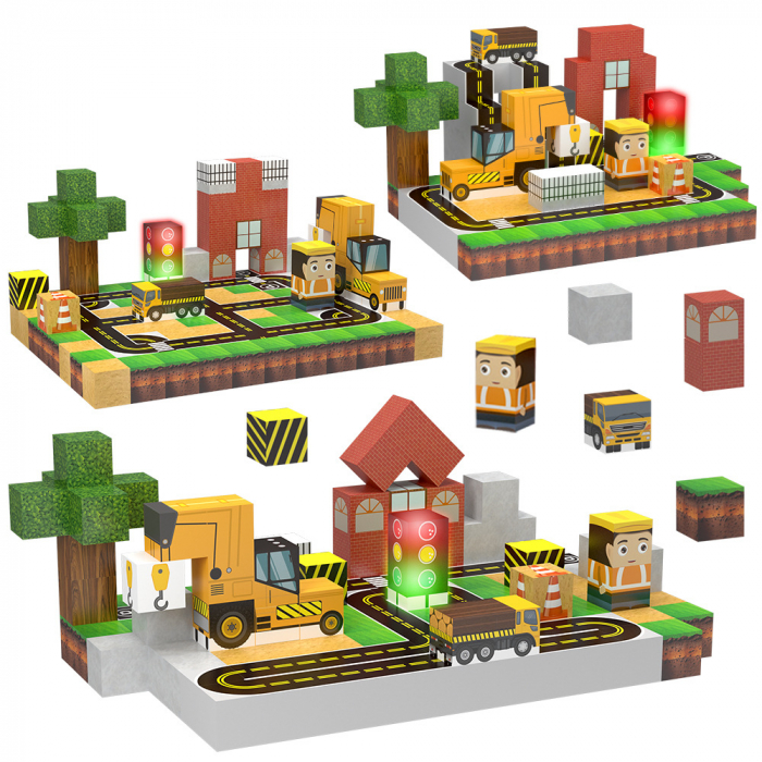 Set Constructie Magnetic 2-in-1 Giftry® Urban Adventure, 138 Piese cu Lumini, Joc STEM Educativ, Vehicule, Sosea si Cale Ferata, 3+ Ani. Galben [5]