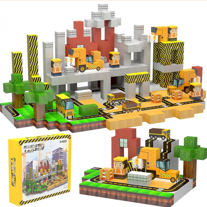 Set Constructie Magnetic 2-in-1 Giftry® Urban Adventure, 138 Piese cu Lumini, Joc STEM Educativ, Vehicule, Sosea si Cale Ferata, 3+ Ani. Galben [1]