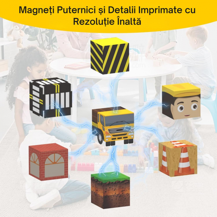 Set Constructie Magnetic 2-in-1 Giftry® Urban Adventure, 138 Piese cu Lumini, Joc STEM Educativ, Vehicule, Sosea si Cale Ferata, 3+ Ani. Galben [7]