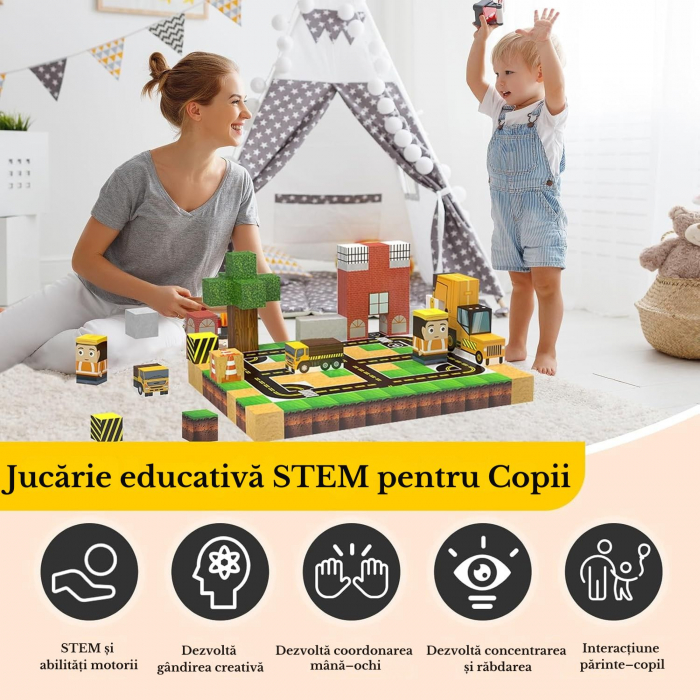 Set Constructie Magnetic 2-in-1 Giftry® Urban Adventure, 138 Piese cu Lumini, Joc STEM Educativ, Vehicule, Sosea si Cale Ferata, 3+ Ani. Galben [6]